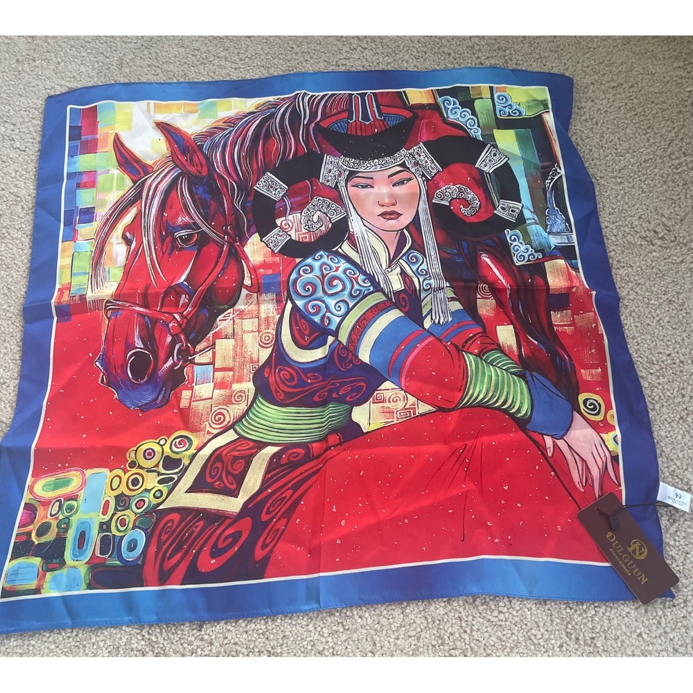 Dulguun Accessories 100% Silk Scarf Mongolian Traditional Art Horse Red Blue NWT